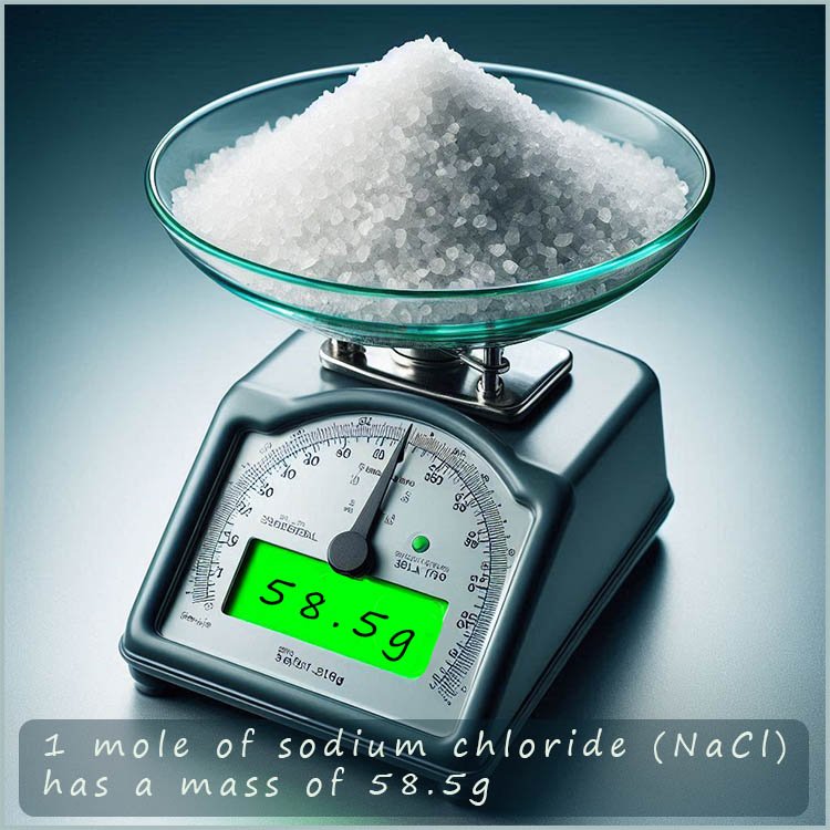 1 mole or 58.5g of sodium chloride sitting on an electronic balance
